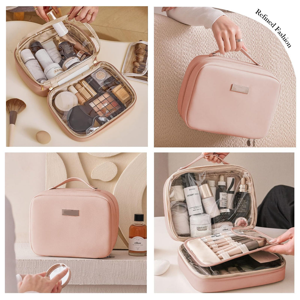 BAKLUCK Travel Makeup Bag – Large Capacity Transparent Double-Sided Organizer with Brush Compartment | PU Waterproof Leather, Pink