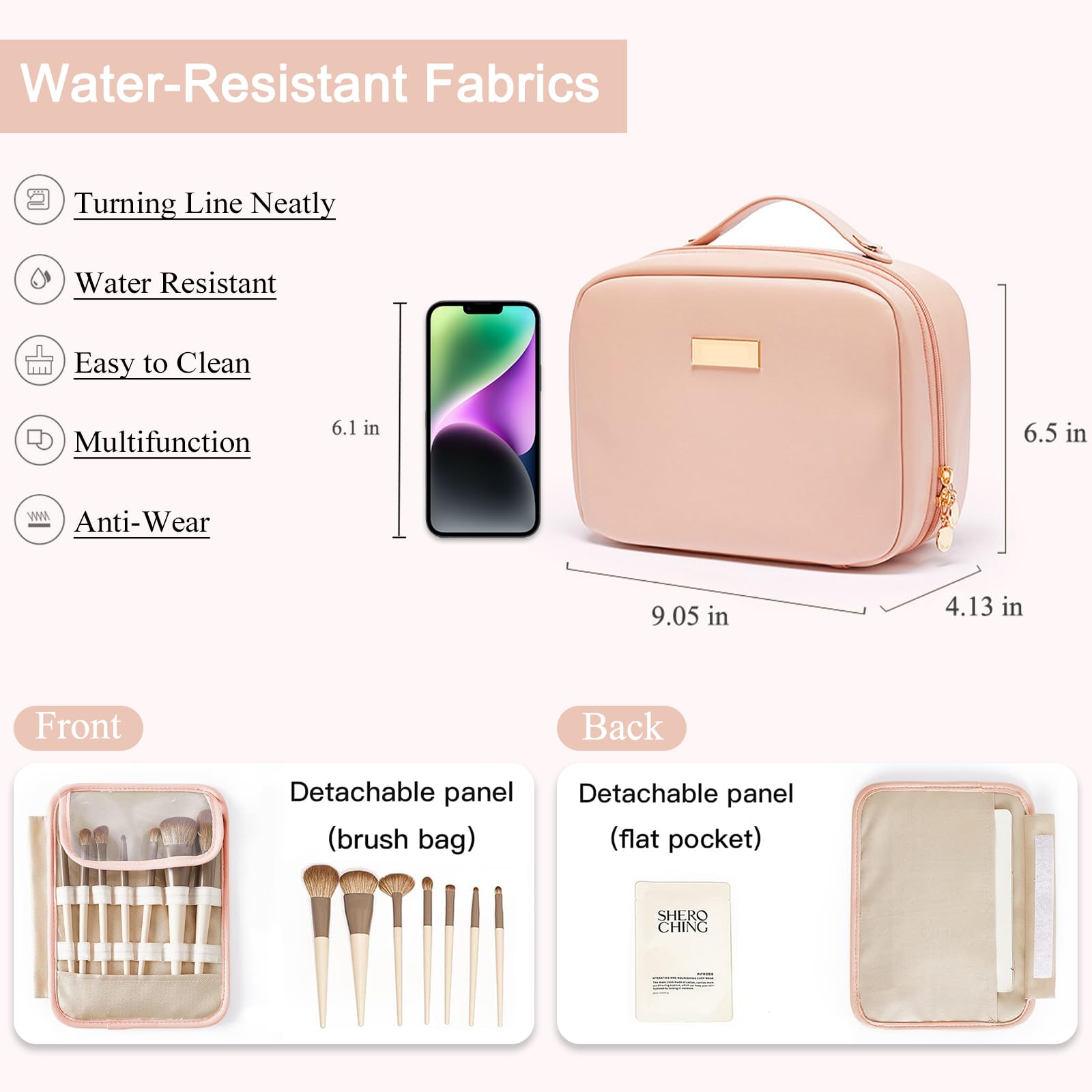 BAKLUCK Travel Makeup Bag – Large Capacity Transparent Double-Sided Organizer with Brush Compartment | PU Waterproof Leather, Pink