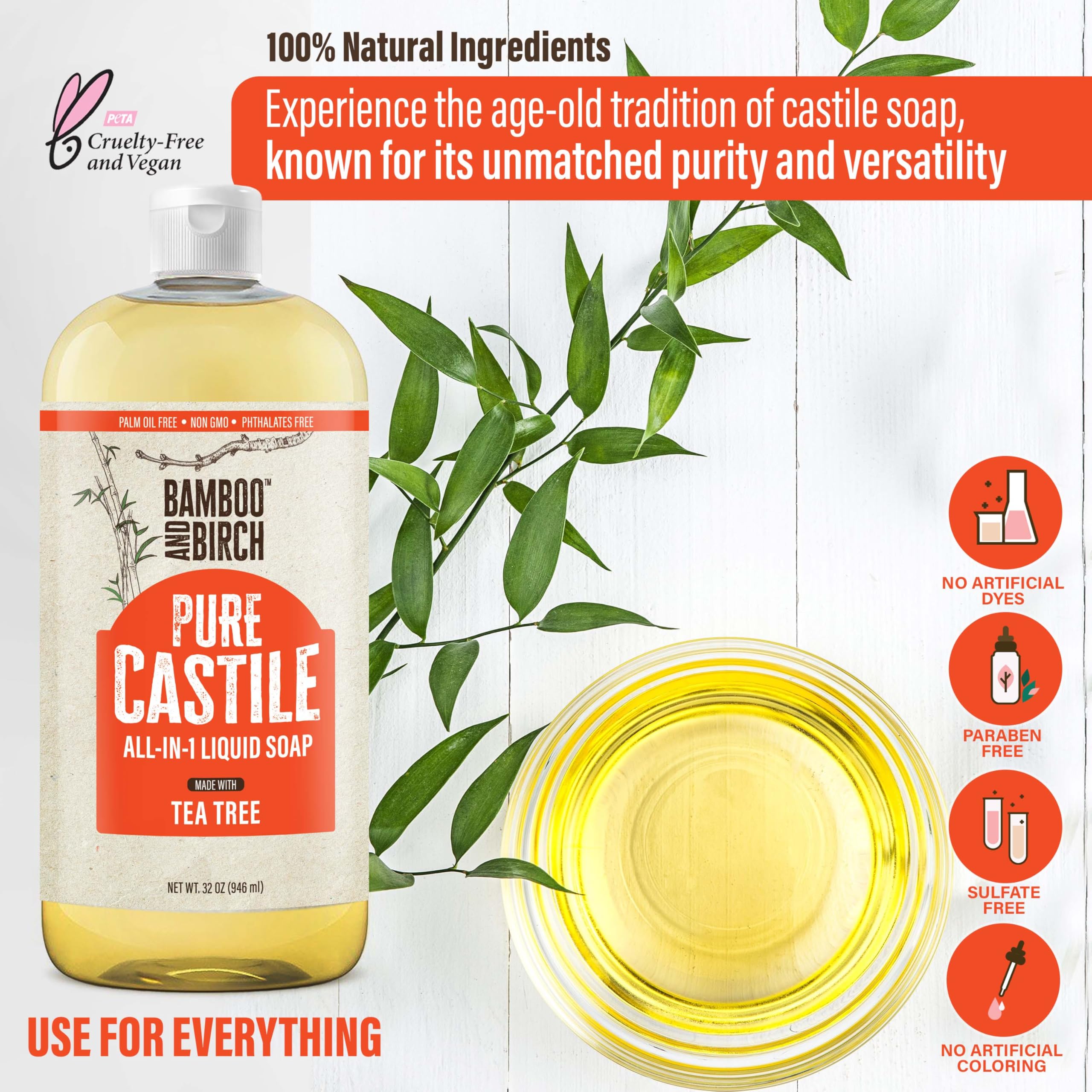 Bamboo and Birch Pure Castile Soap Liquid Tea Tree – Palm Oil Free, 32 oz