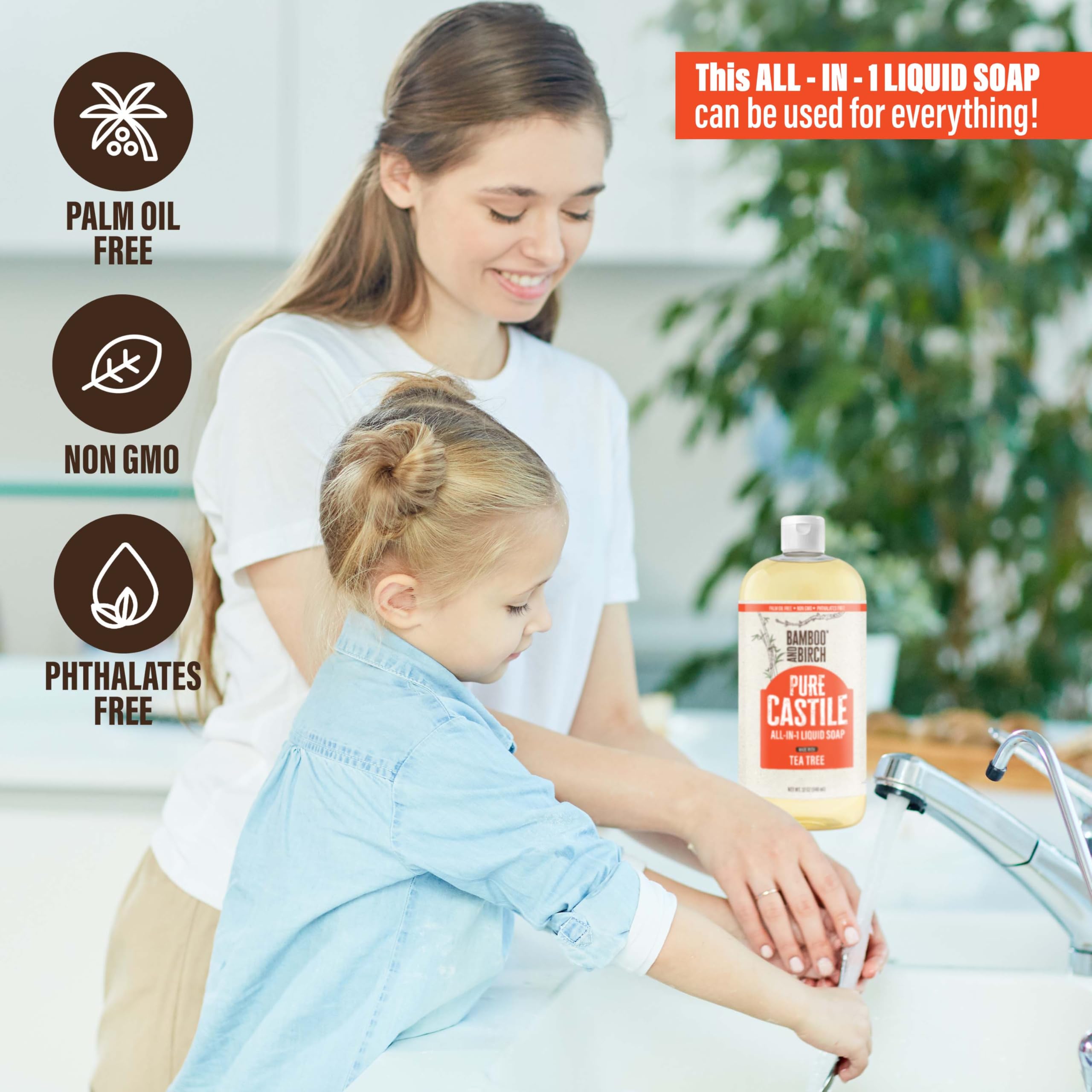 Bamboo and Birch Pure Castile Soap Liquid Tea Tree – Palm Oil Free, 32 oz