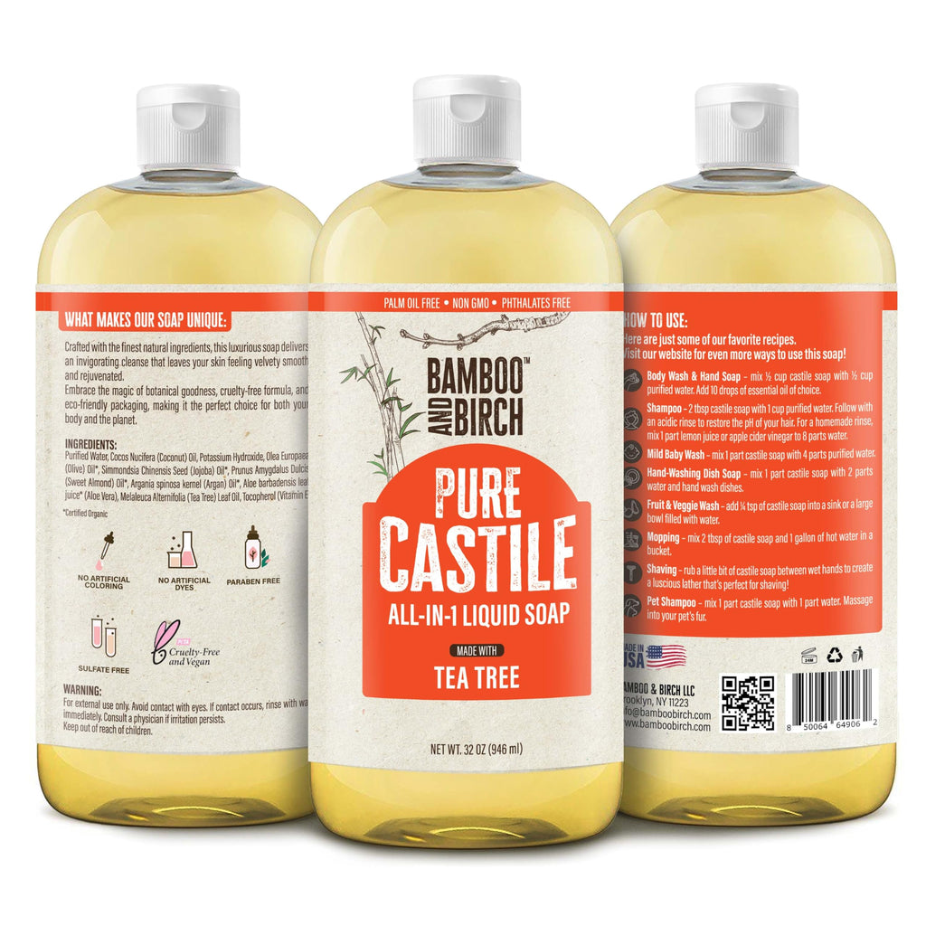 Bamboo and Birch Pure Castile Soap Liquid Tea Tree – Palm Oil Free, 32 oz