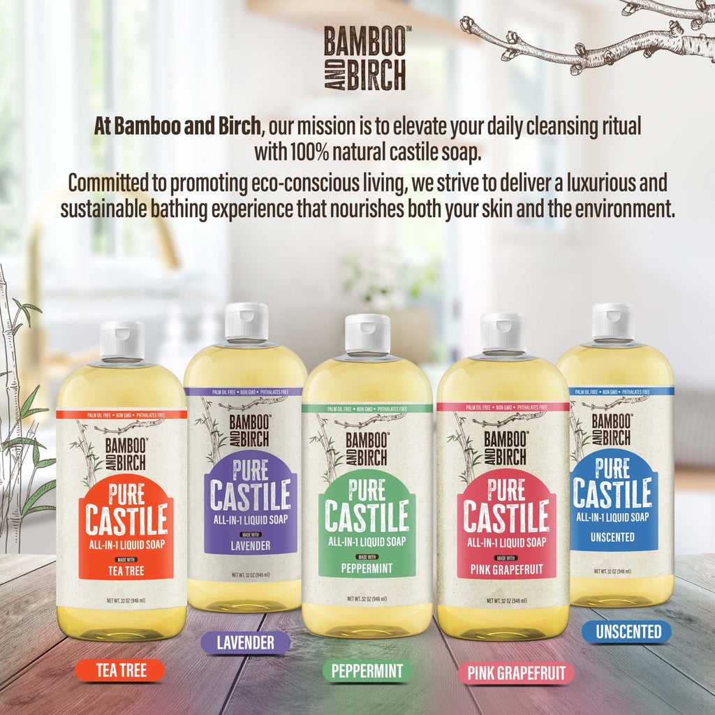 Bamboo and Birch Pure Castile Soap Liquid Tea Tree – Palm Oil Free, 32 oz