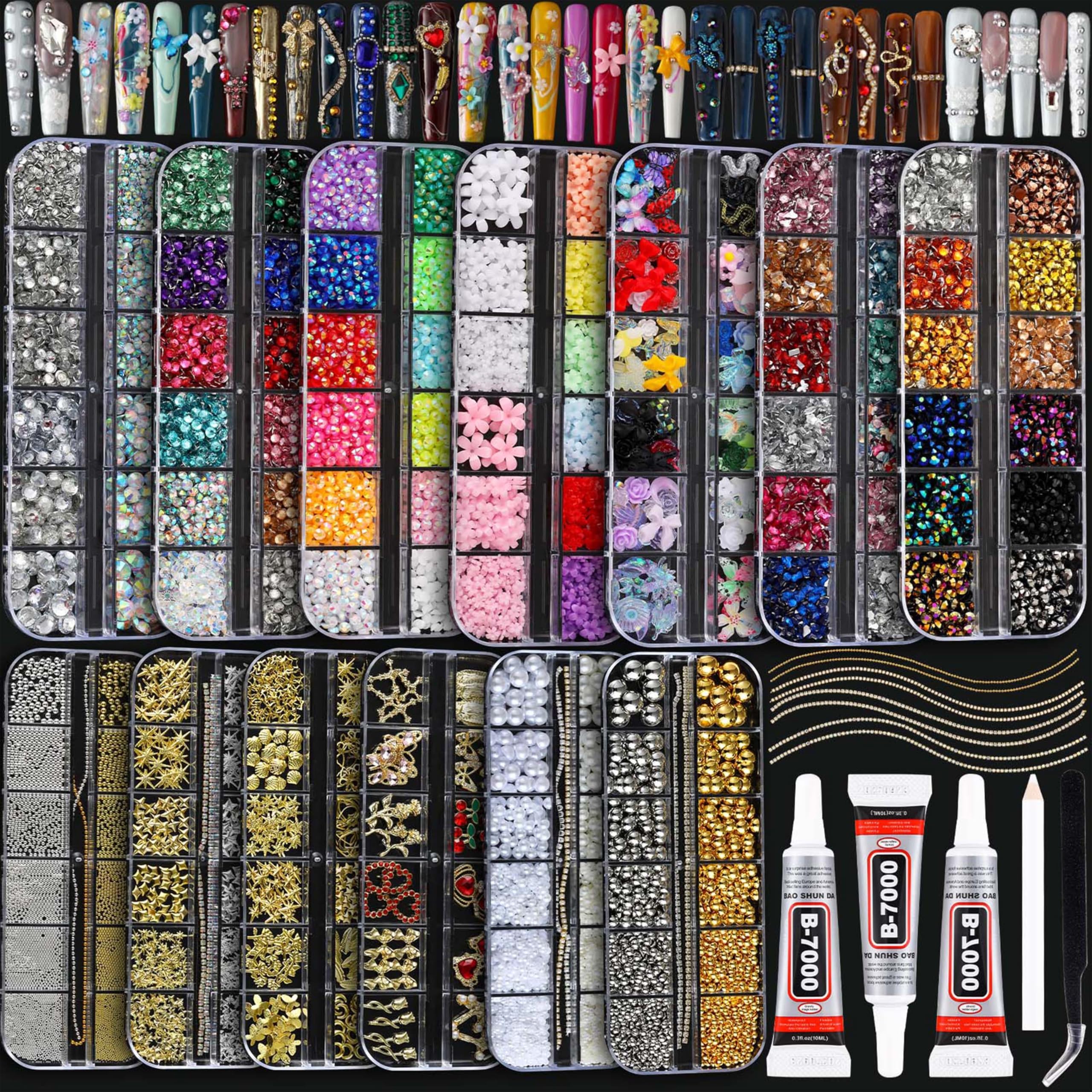 BANA ART Nail Charms Kit — 18,000+ 3D Gems in 13 Boxes with Cross, Crown, Pearls