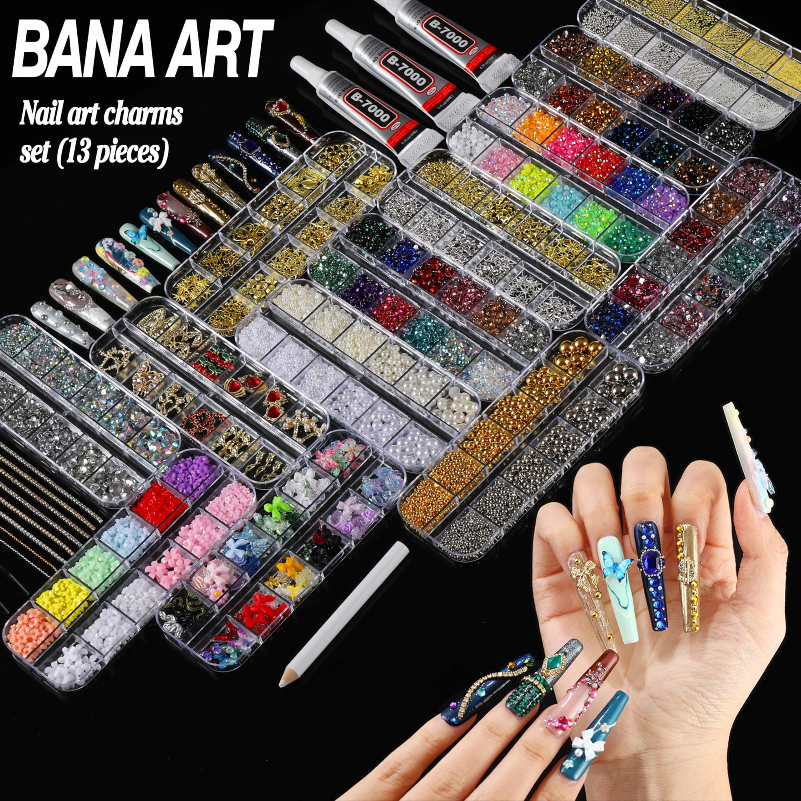 BANA ART Nail Charms Kit — 18,000+ 3D Gems in 13 Boxes with Cross, Crown, Pearls