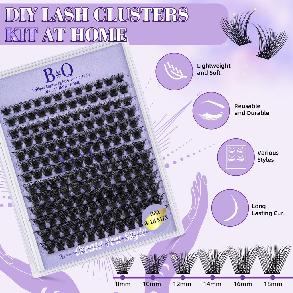 BandQaugen B02 Wispy Lash Clusters Kit – 156Pcs DIY Lash Extensions, D Curl 8-18mm