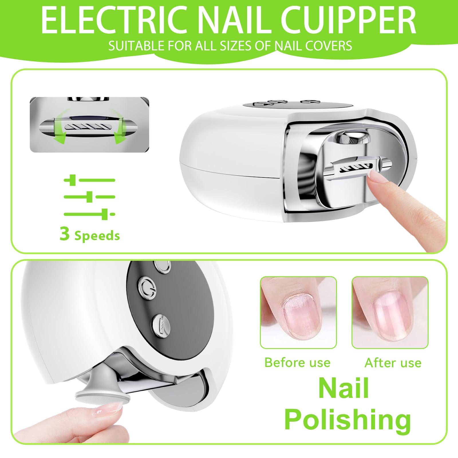Baopilong 3-in-1 Electric Nail Clipper & Trimmer – 3 Speeds, LED Light, Rechargeable, Portable