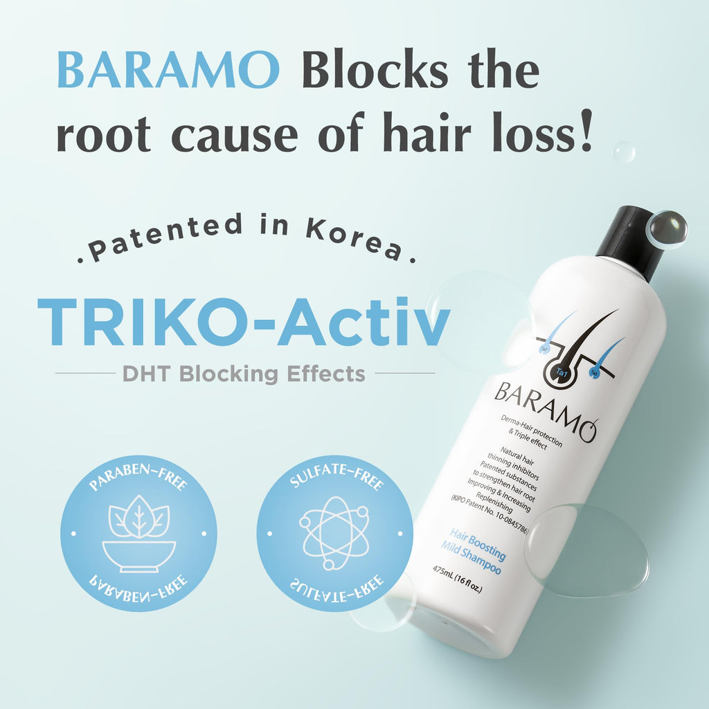 BARAMO Hair Boosting Mild Shampoo – DHT Blocker, Anti Hair Thinning, 16 oz