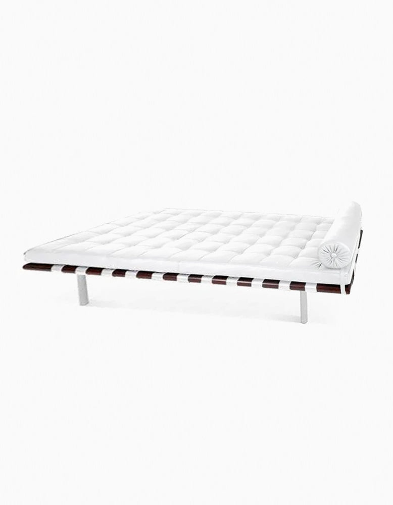 Barcelona Style Daybed, White Leather, Wood Frame
