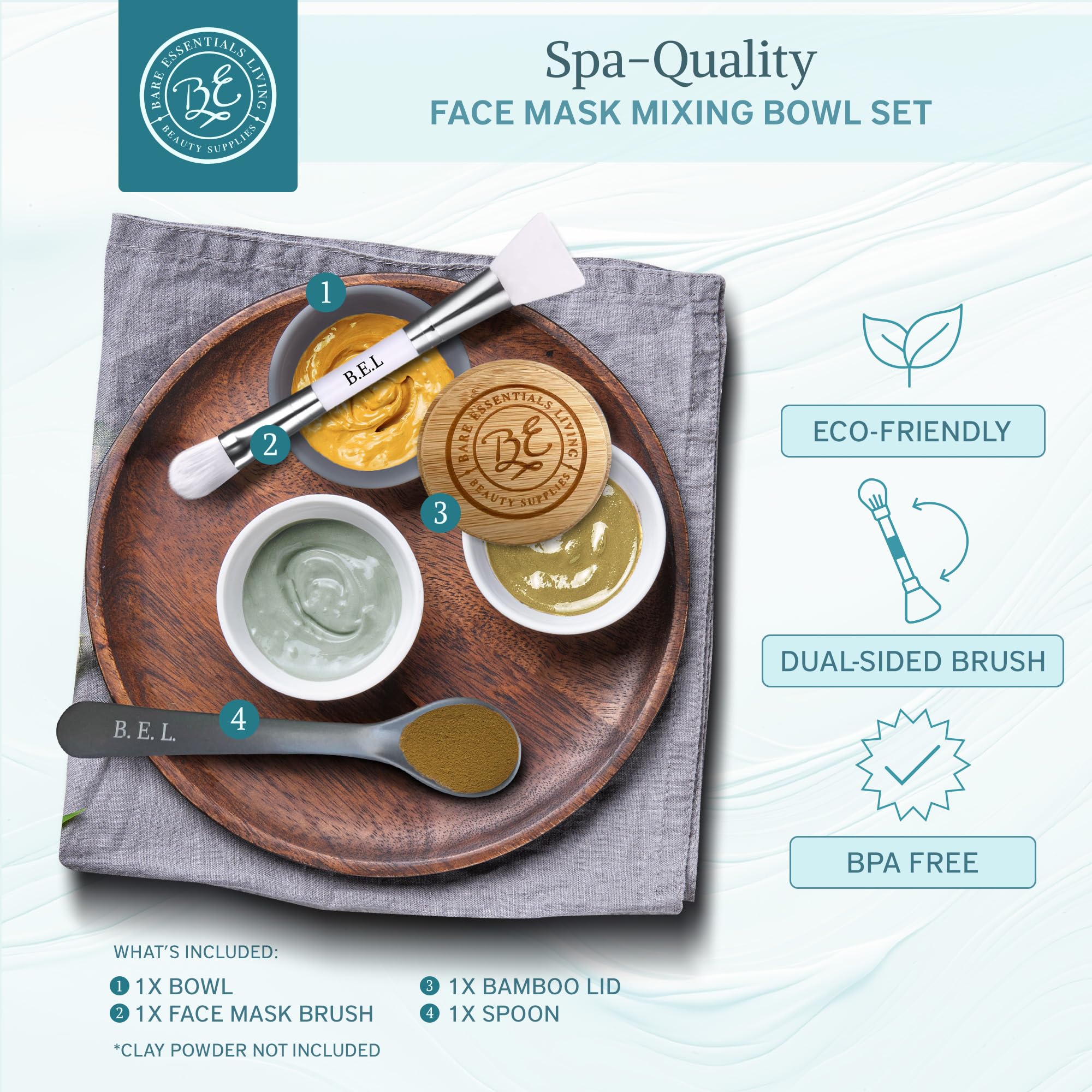 Bare Essentials Living - Clay Face Mask Mixing Bowl Set with Bamboo Lid, Spoon & Dual-Sided Brush