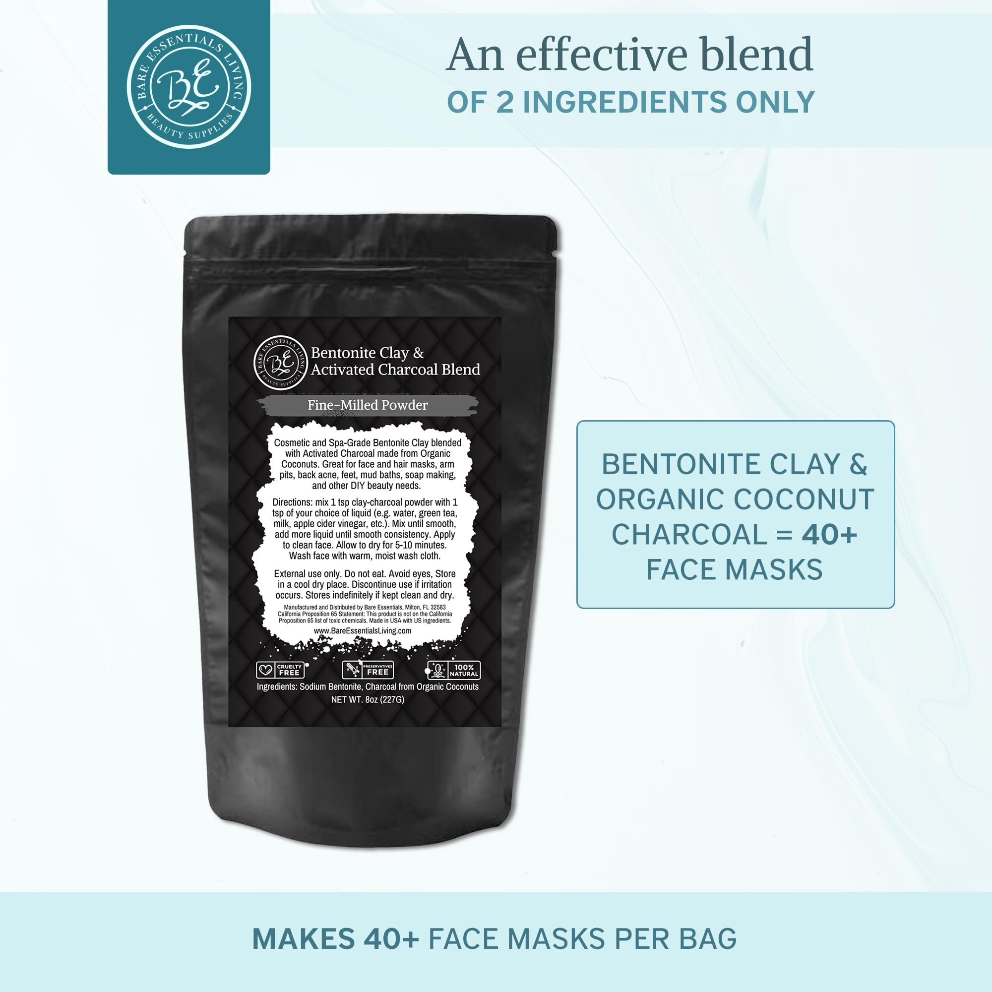 Bare Essentials Living Bentonite Clay & Activated Charcoal Powder Blend (8oz) – DIY Masks, Teeth Powder & Soap Making