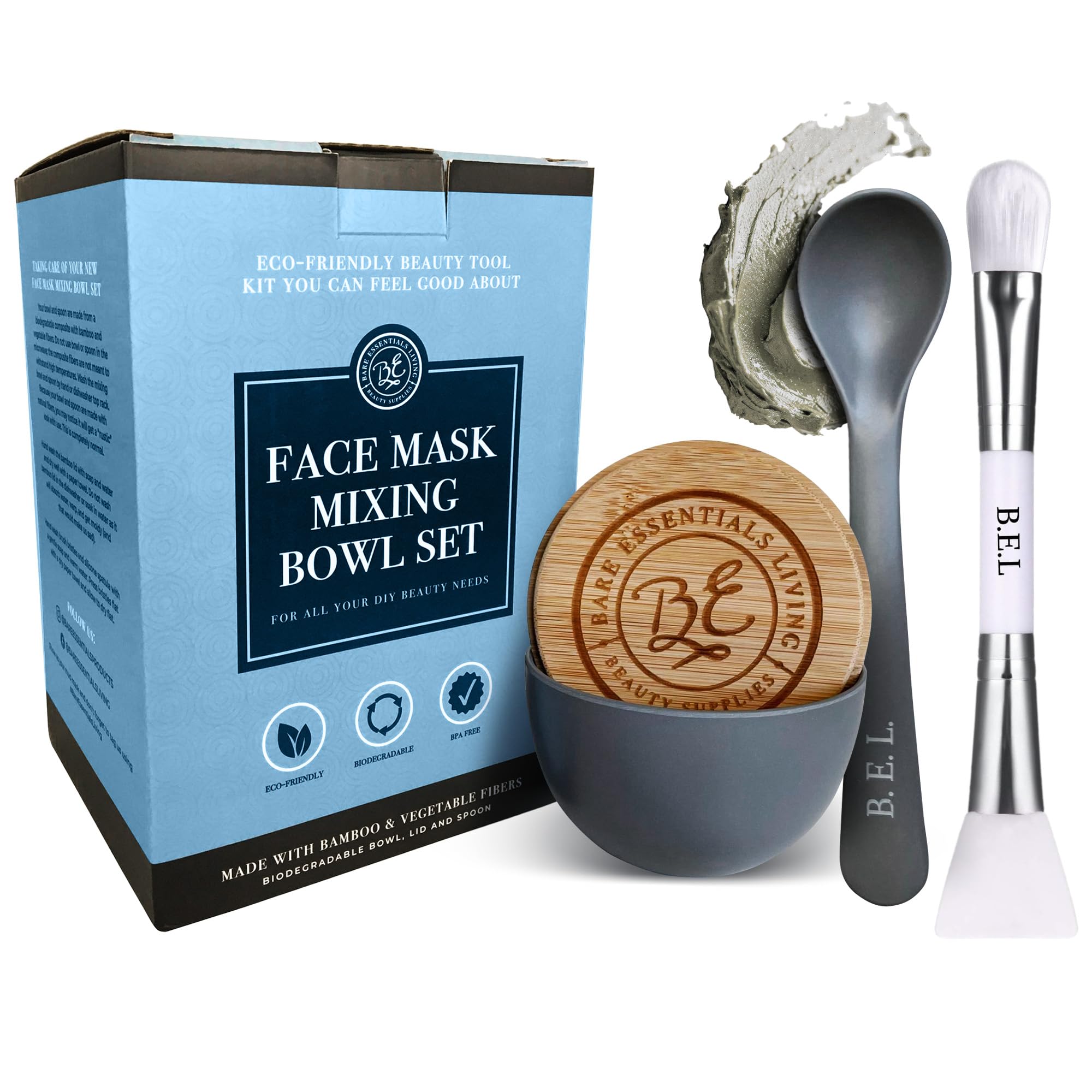 Bare Essentials Living - Clay Face Mask Mixing Bowl Set with Bamboo Lid, Spoon & Dual-Sided Brush
