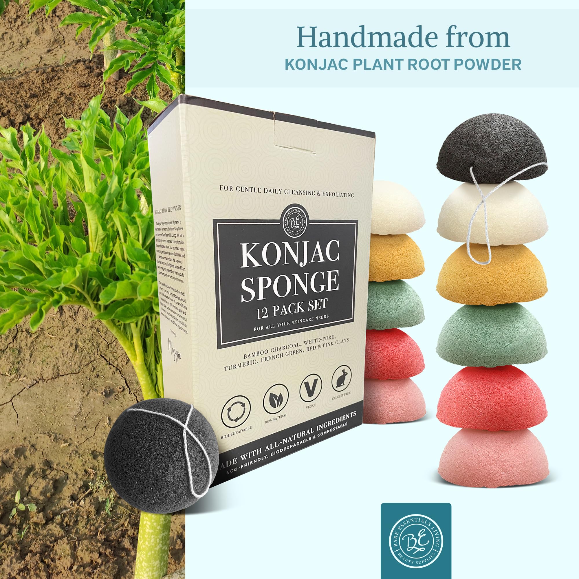 Bare Essentials Living Konjac Sponge Set (12 Pack) – Activated Charcoal & Natural Exfoliating Sponges