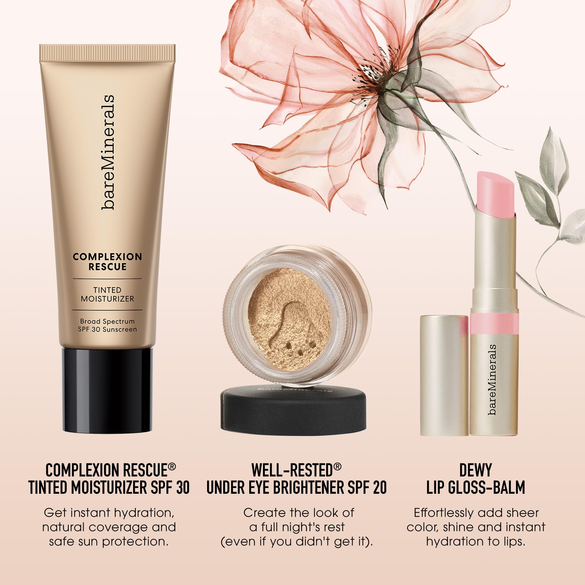 bareMinerals 3-Piece Clean Beauty Gift Set – Tinted Moisturizer SPF 30 + Hyaluronic Acid, Under-Eye Brightener + Concealer, Dewy Lip Gloss-Balm