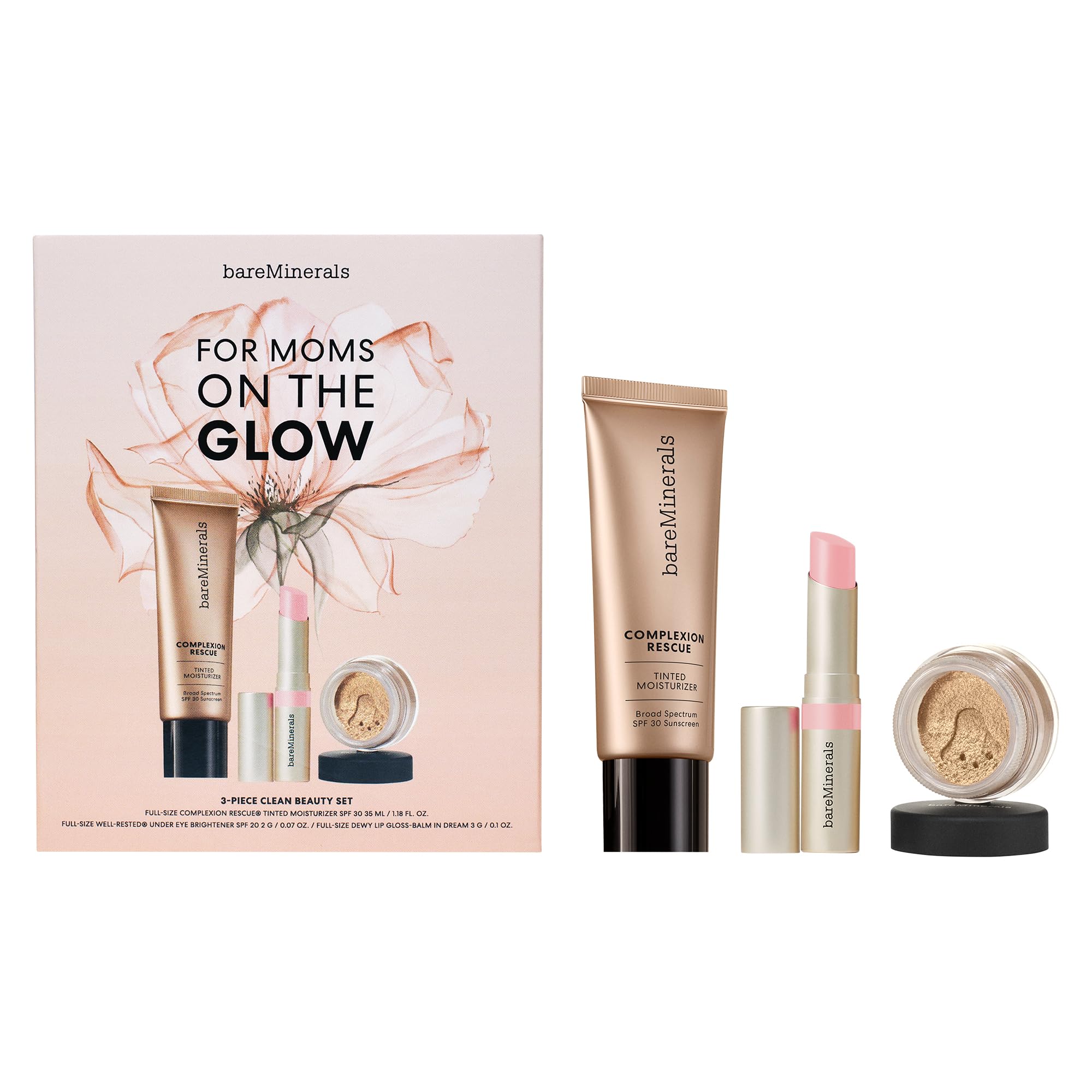 bareMinerals 3-Piece Clean Beauty Gift Set – Tinted Moisturizer SPF 30 + Hyaluronic Acid, Under-Eye Brightener + Concealer, Dewy Lip Gloss-Balm
