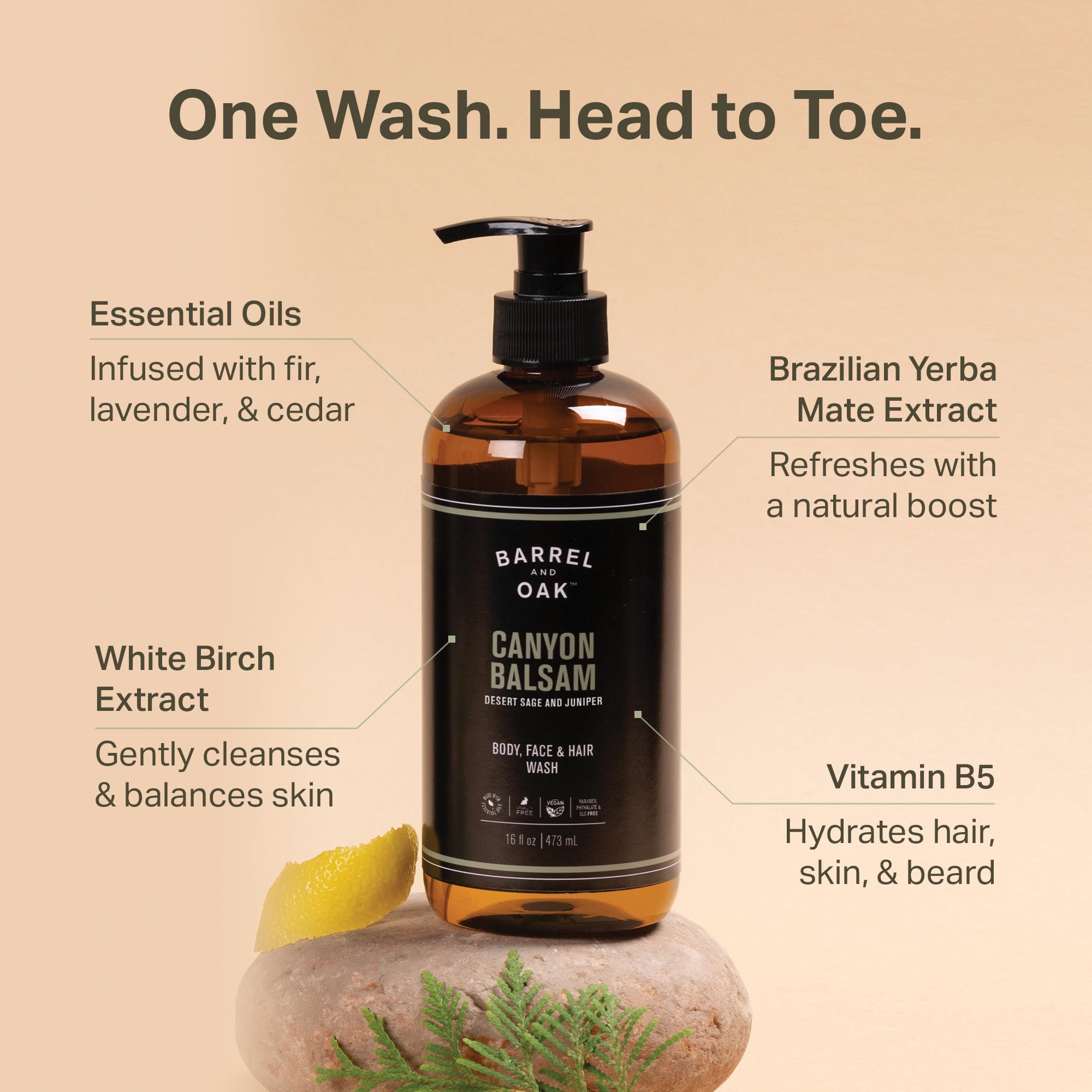 Barrel & Oak All-in-One Wash for Face, Hair & Body – Canyon Balsam, 16 oz | Vegan & Hydrating