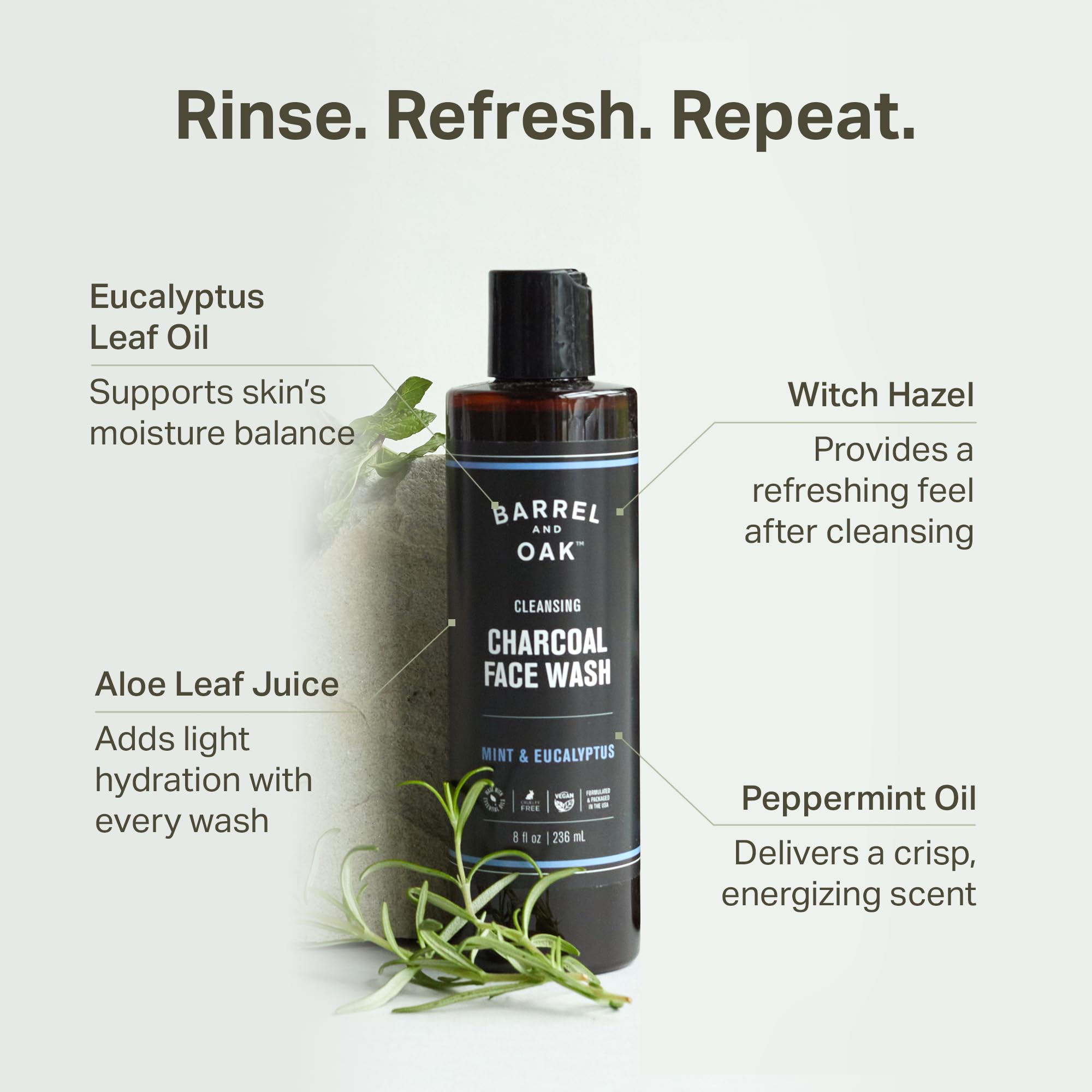 Barrel & Oak Mint & Eucalyptus Body Care Set for Men | Charcoal Face Wash, Shampoo & Conditioner