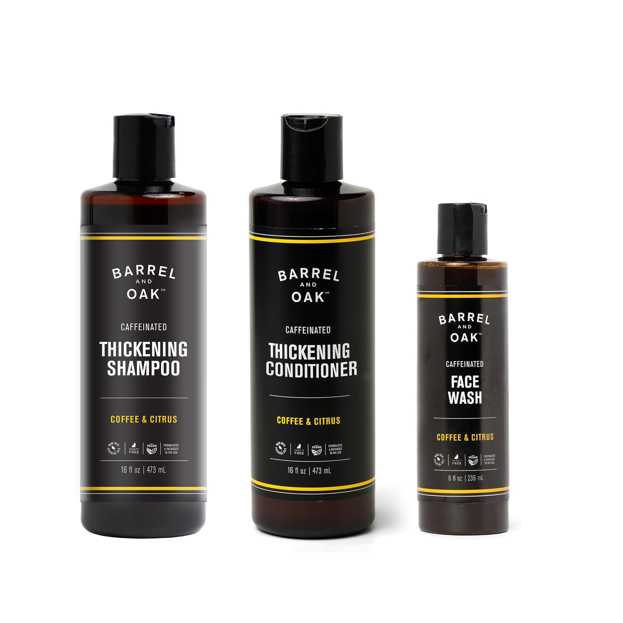 Barrel & Oak Coffee & Citrus 3-Piece Grooming Set for Men – Caffeinated Face Wash, Shampoo & Conditioner