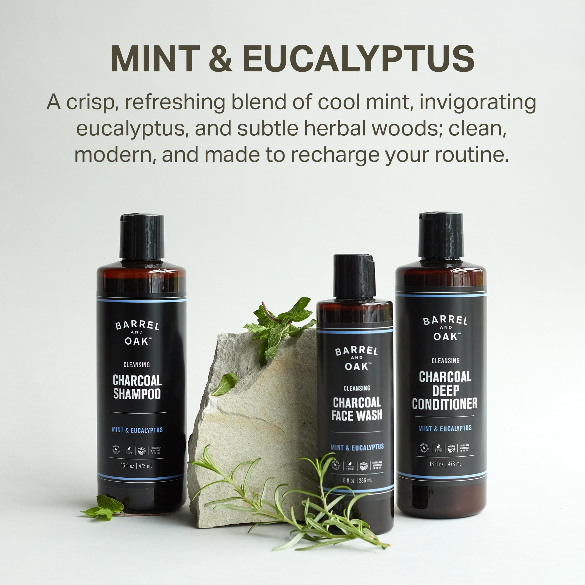 Barrel & Oak Mint & Eucalyptus Body Care Set for Men | Charcoal Face Wash, Shampoo & Conditioner