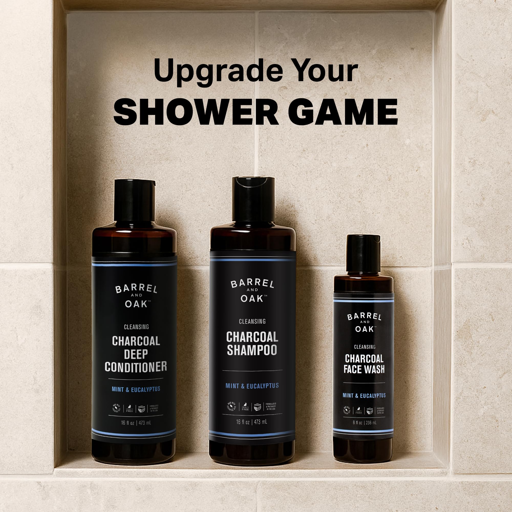 Barrel & Oak Mint & Eucalyptus Body Care Set for Men | Charcoal Face Wash, Shampoo & Conditioner