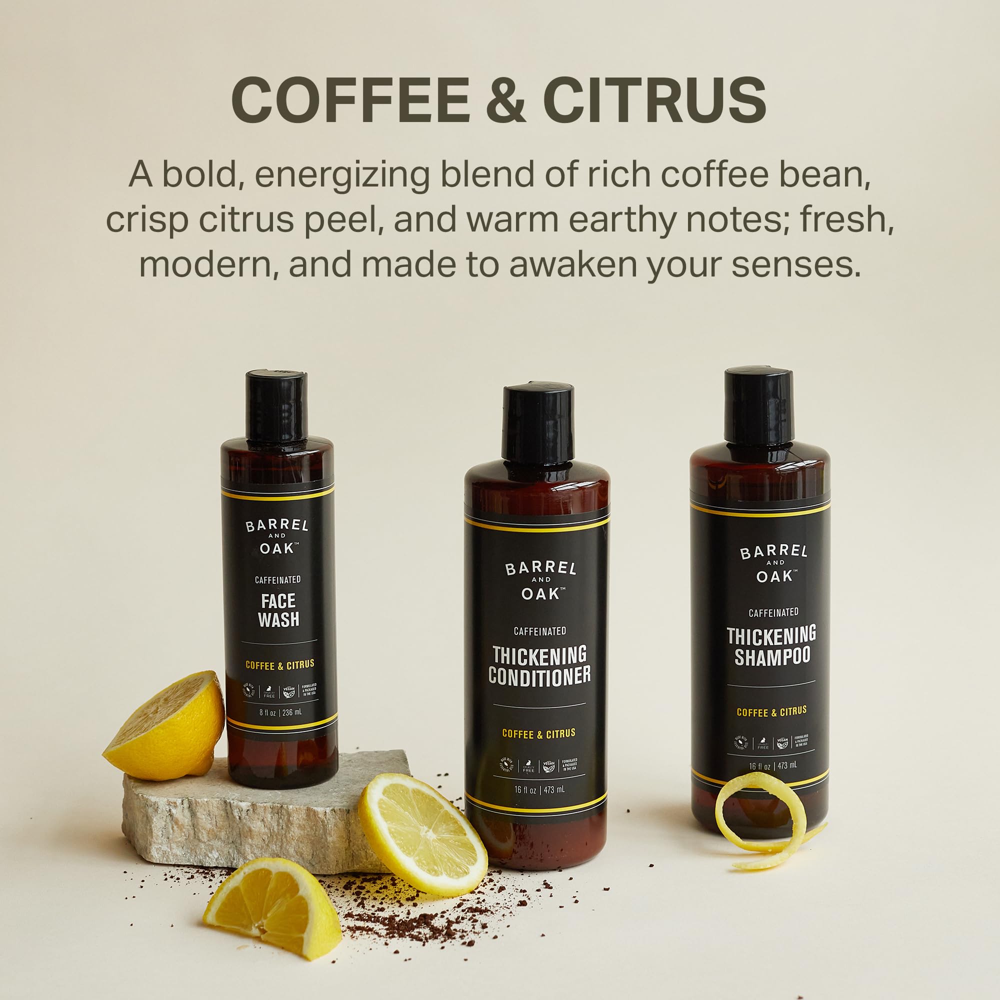 Barrel & Oak Coffee & Citrus 3-Piece Grooming Set for Men – Caffeinated Face Wash, Shampoo & Conditioner