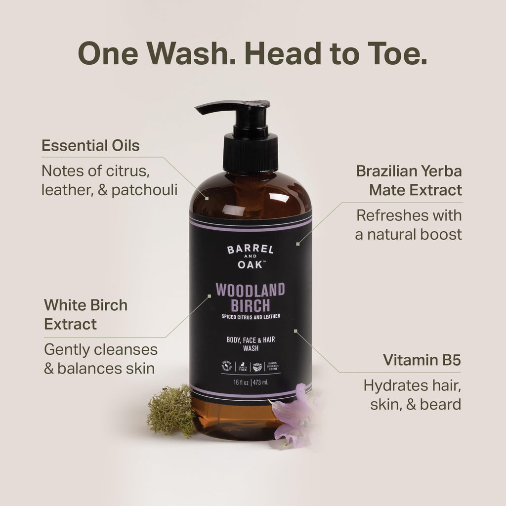 Barrel & Oak Woodland Birch 3-Piece Men’s Grooming Set | All-in-One Body Wash, 2‑in‑1 Shampoo & Conditioner, Exfoliating Bar