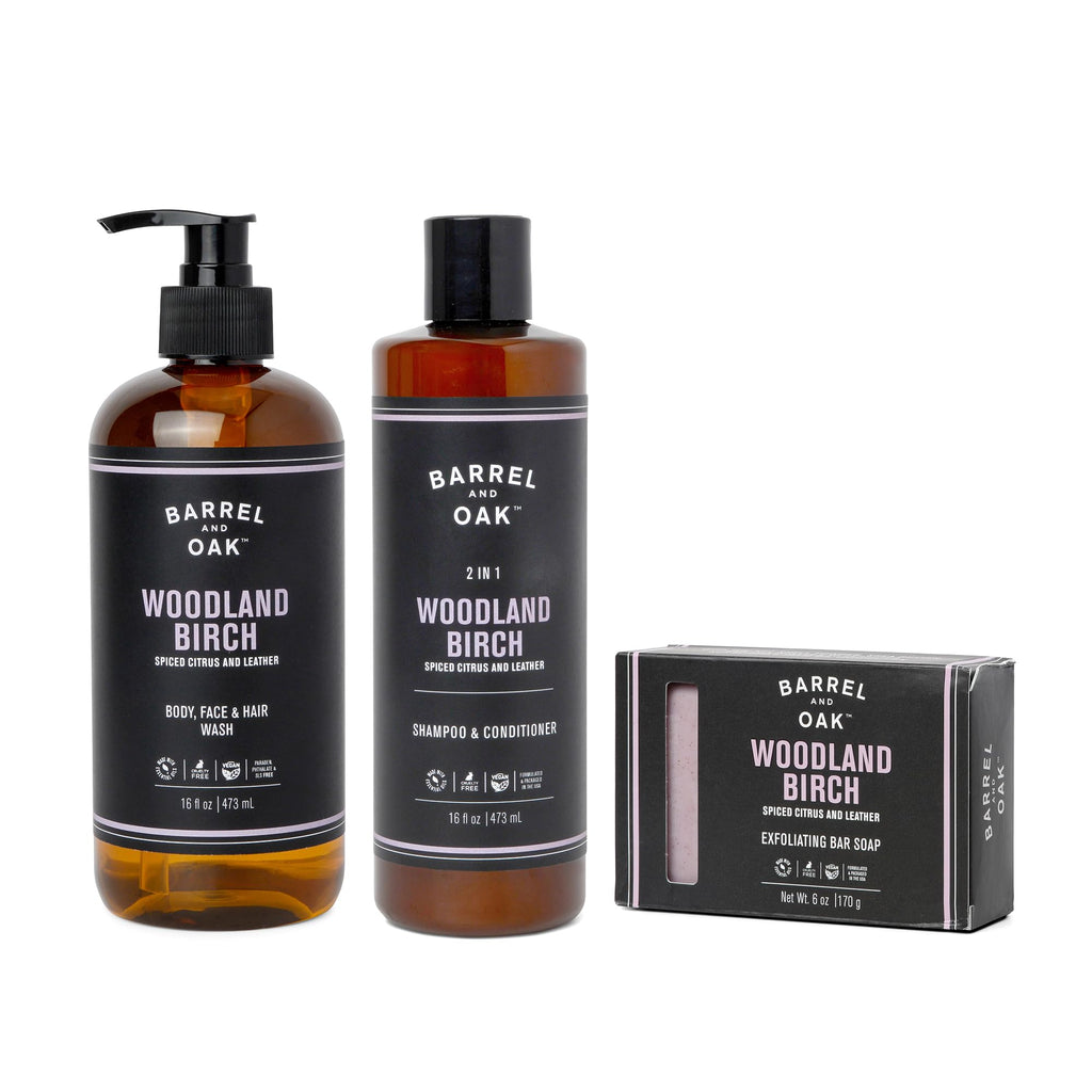 Barrel & Oak Woodland Birch 3-Piece Men’s Grooming Set | All-in-One Body Wash, 2‑in‑1 Shampoo & Conditioner, Exfoliating Bar