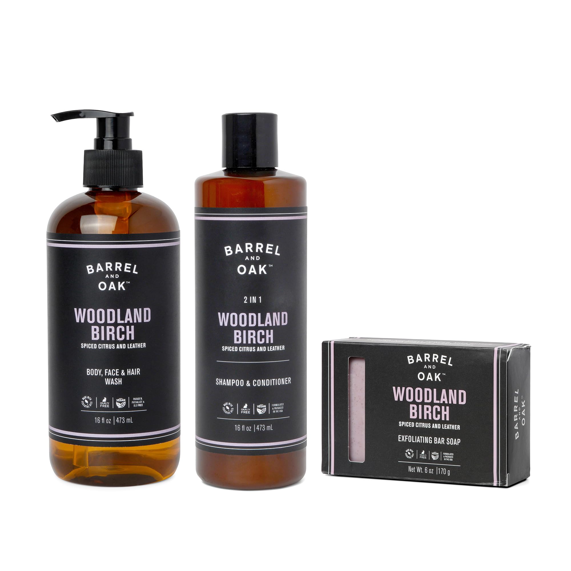 Barrel & Oak Woodland Birch 3-Piece Men’s Grooming Set | All-in-One Body Wash, 2‑in‑1 Shampoo & Conditioner, Exfoliating Bar