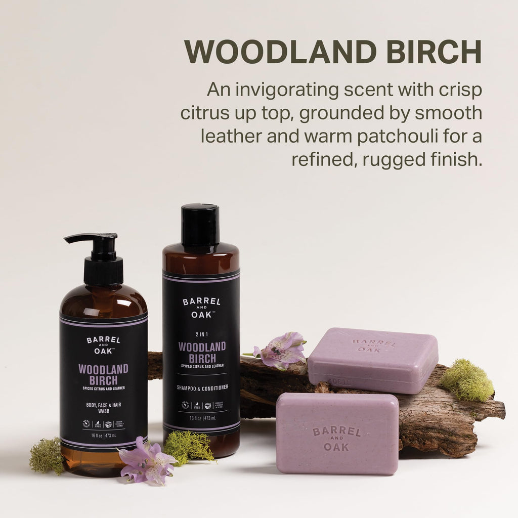 Barrel & Oak Woodland Birch 3-Piece Men’s Grooming Set | All-in-One Body Wash, 2‑in‑1 Shampoo & Conditioner, Exfoliating Bar