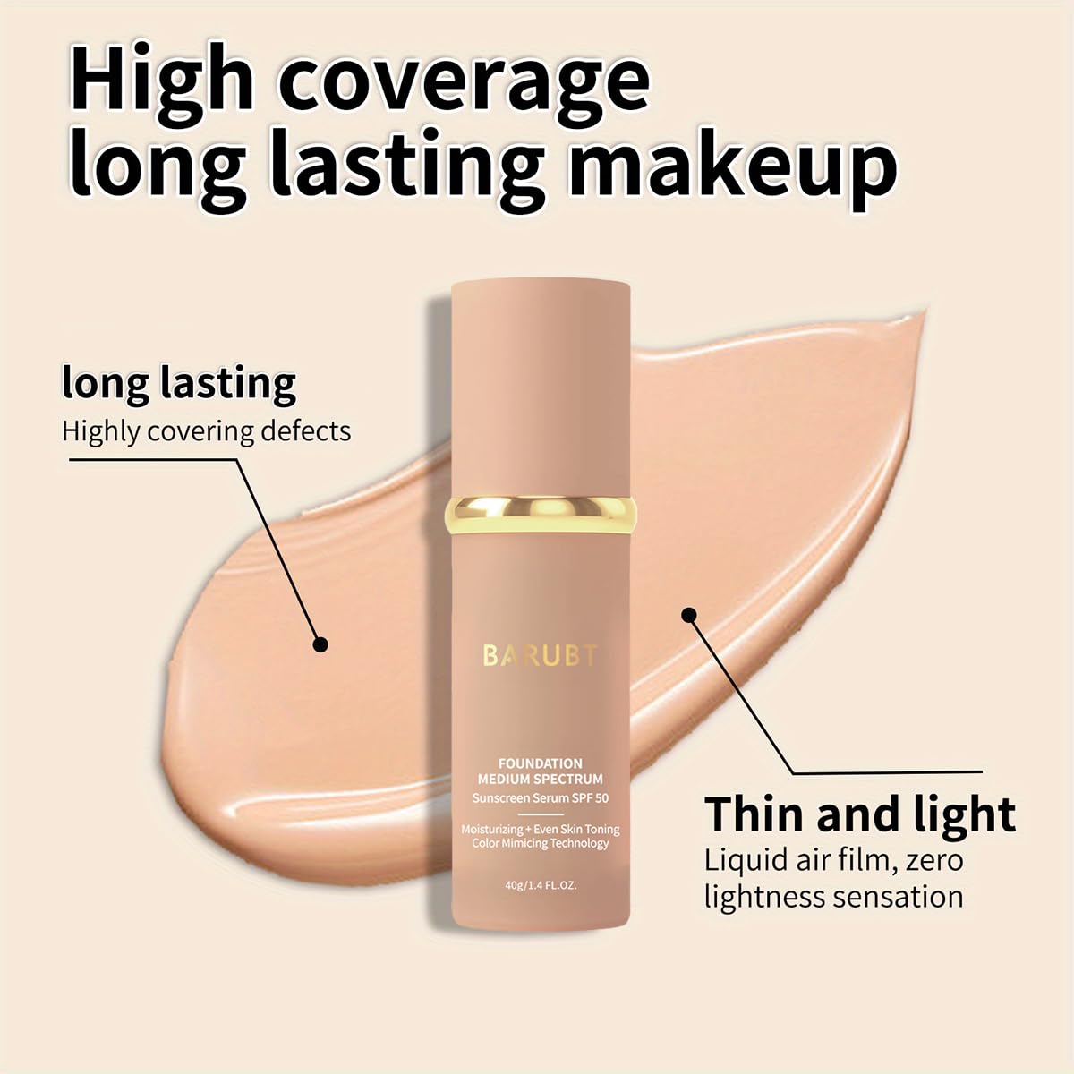 BARUBT 4-in-1 Color Changing Foundation SPF50 | Hydrating Medium-Full Coverage