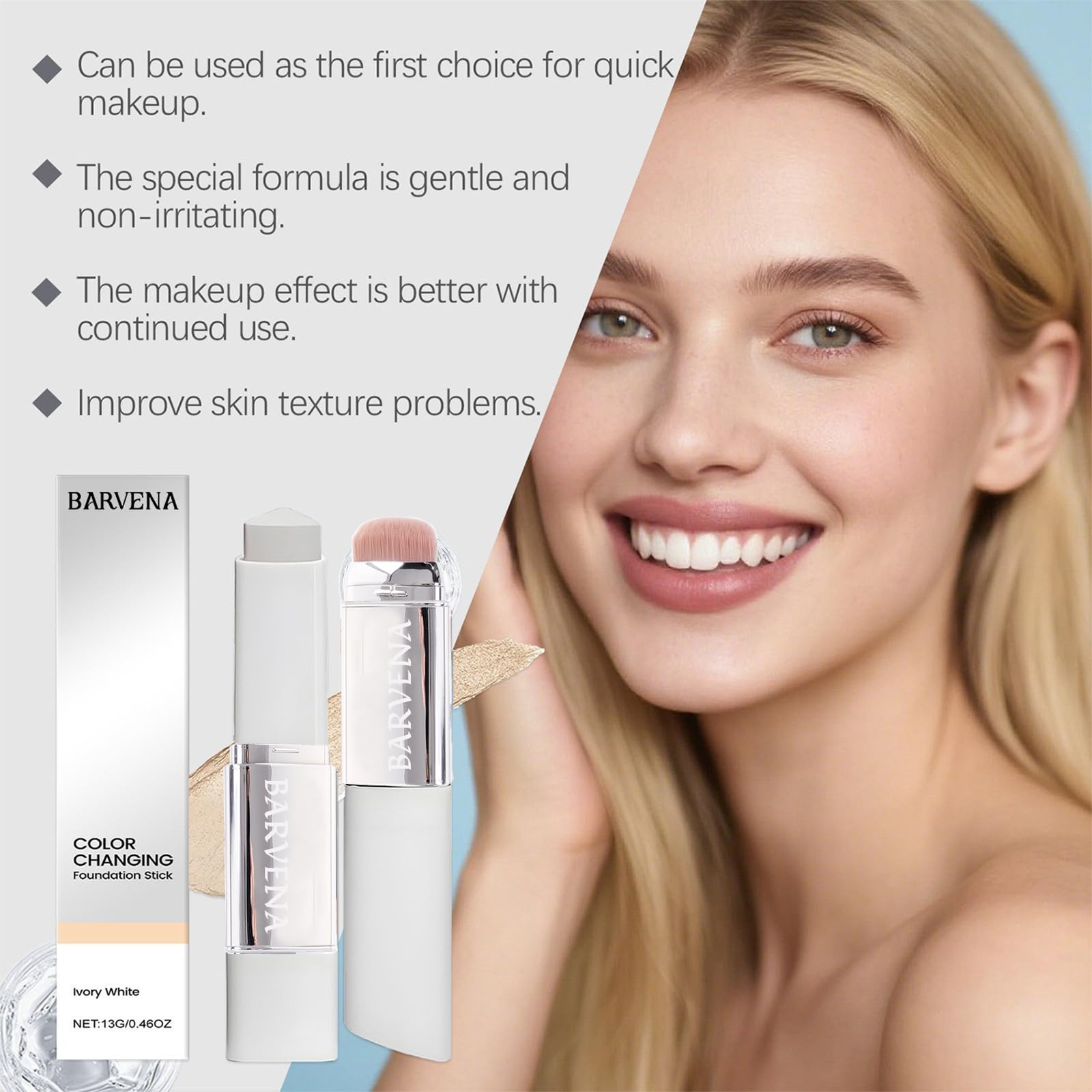 BARVENA Color Changing Foundation Stick with Brush | 2-in-1 Waterproof, Long-Lasting, Dewy Finish