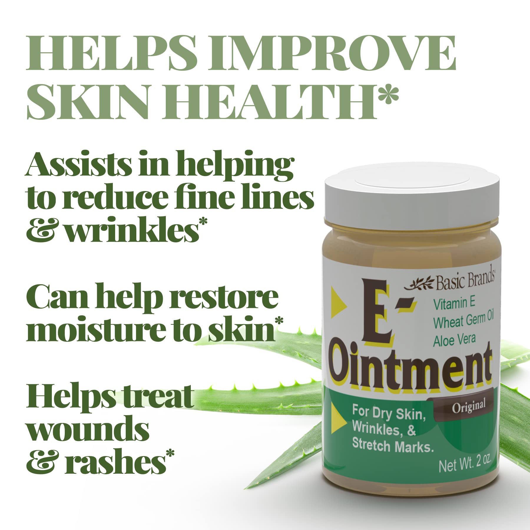 Basic Organics Vitamin E Ointment 2oz – Moisture Boost, Scar & Fine Line Support - 2 Pack