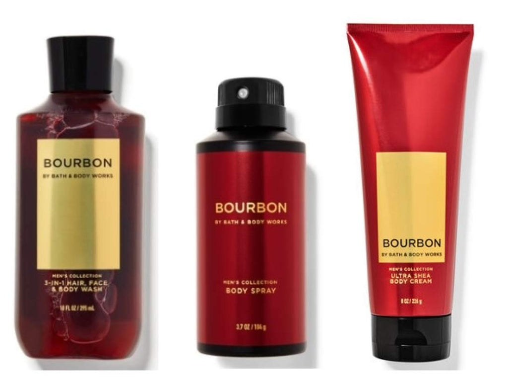 Bath & Body Works Bourbon Set – Ultra Shea Body Cream 8 oz, 2-in-1 Hair + Body Wash 10 oz, Deodorizing Body Spray 3.7 oz