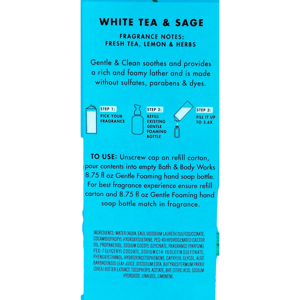 Bath & Body Works White Tea & Sage Refill Gentle & Clean Foaming Hand Soap – 32 fl oz, Blue