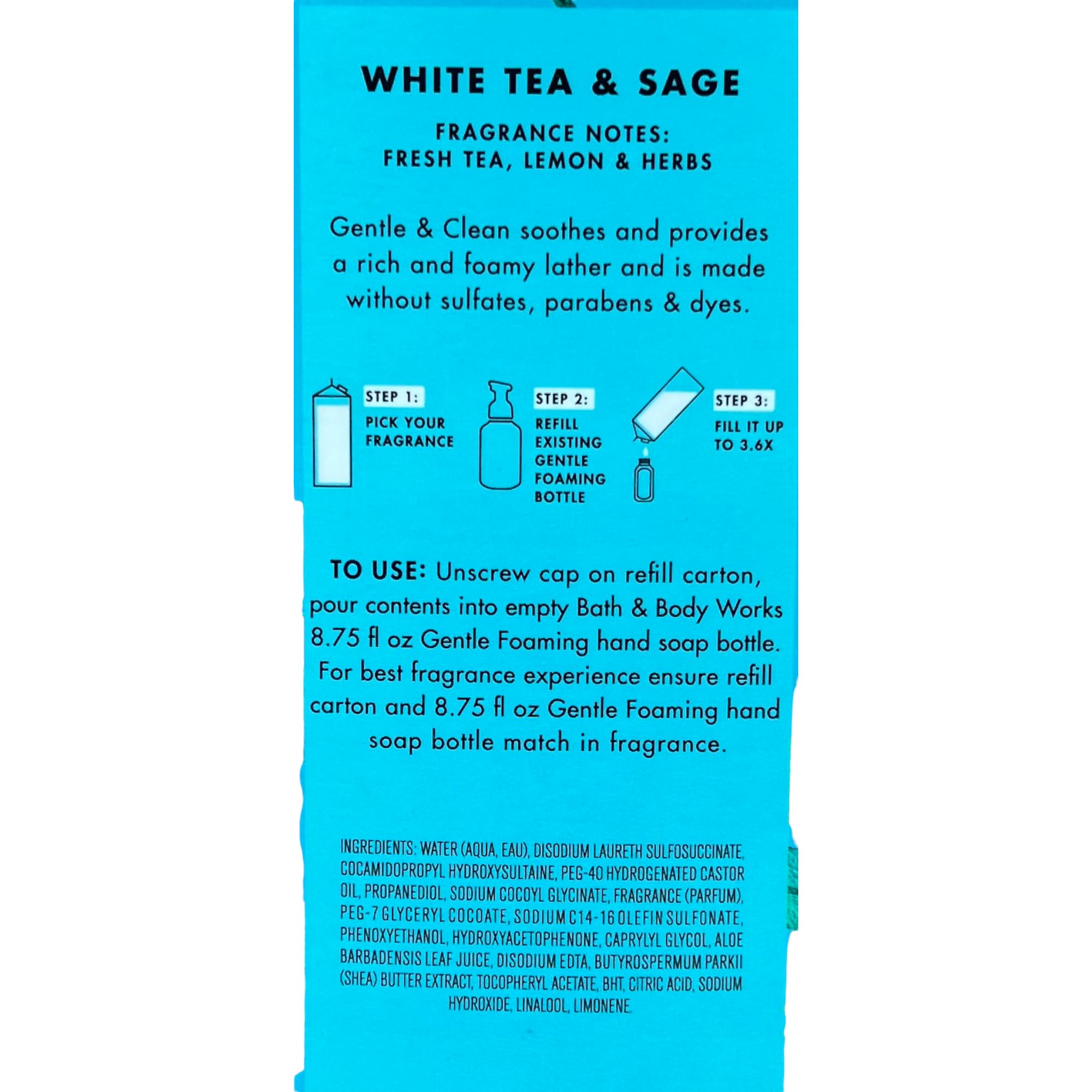 Bath & Body Works White Tea & Sage Refill Gentle & Clean Foaming Hand Soap – 32 fl oz, Blue