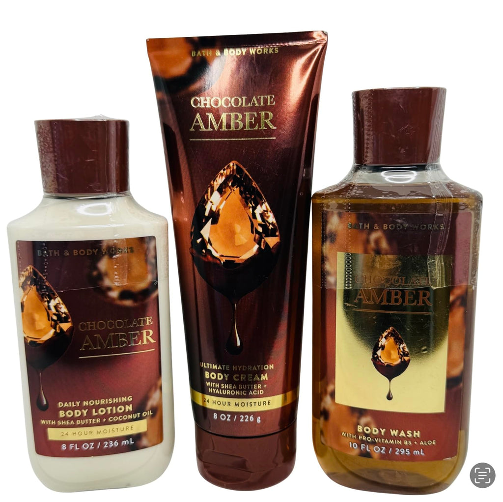 Bath & Body Works Chocolate Amber 3-Piece Gel Wash, Lotion & Cream Set