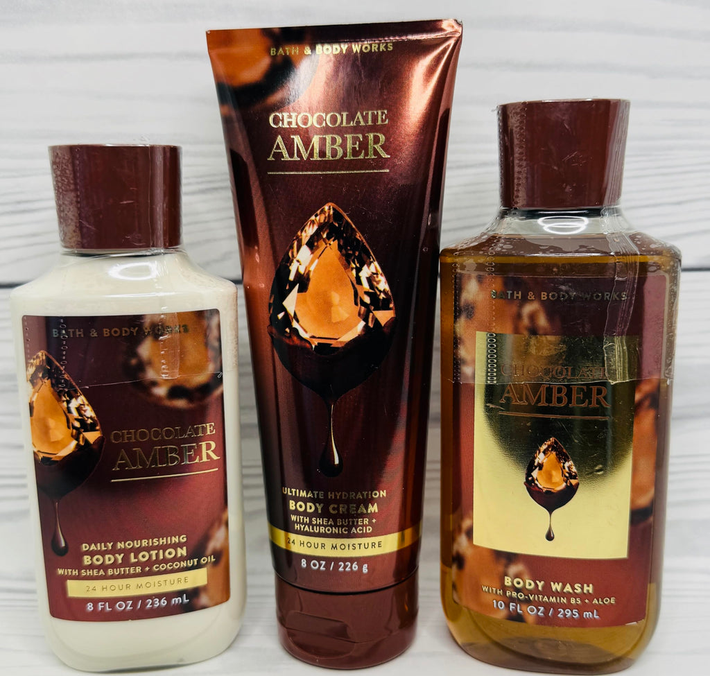 Bath & Body Works Chocolate Amber 3-Piece Gel Wash, Lotion & Cream Set