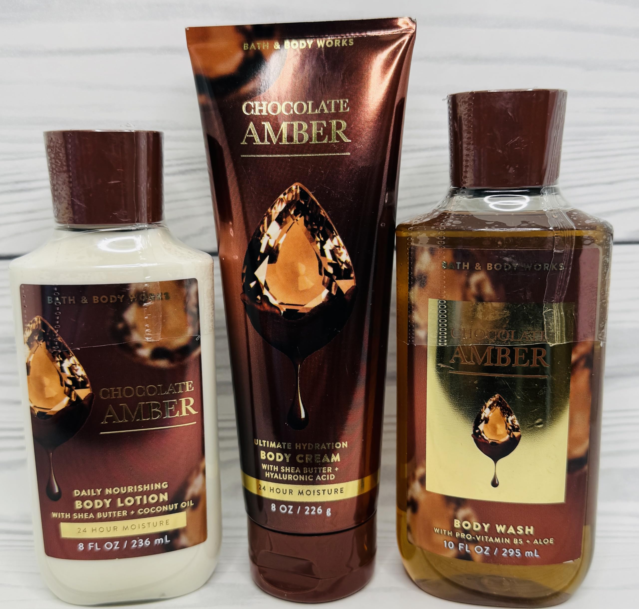Bath & Body Works Chocolate Amber 3-Piece Gel Wash, Lotion & Cream Set
