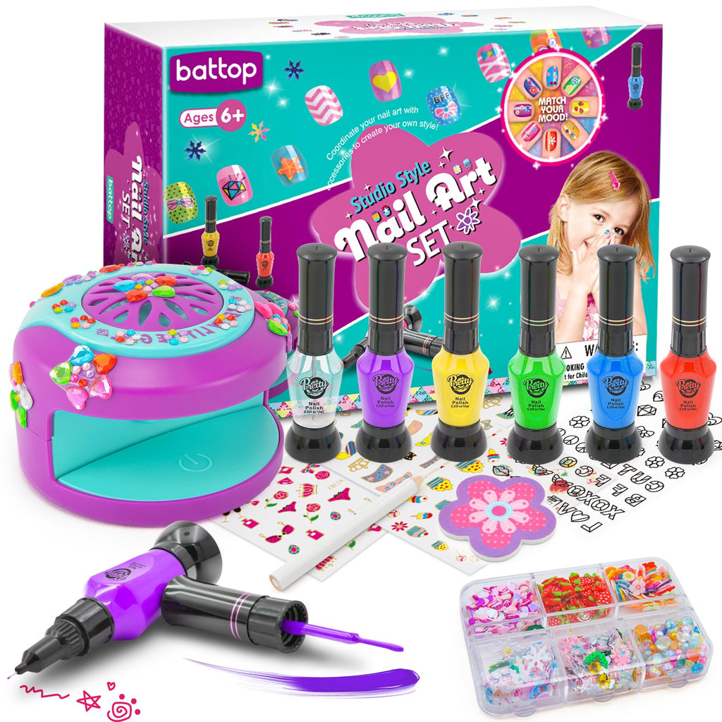 BATTOP Kids Nail Art Kit for Girls 7-12 | 2-in-1 Nail Polish Pen, 3D Decor & Air Dryer