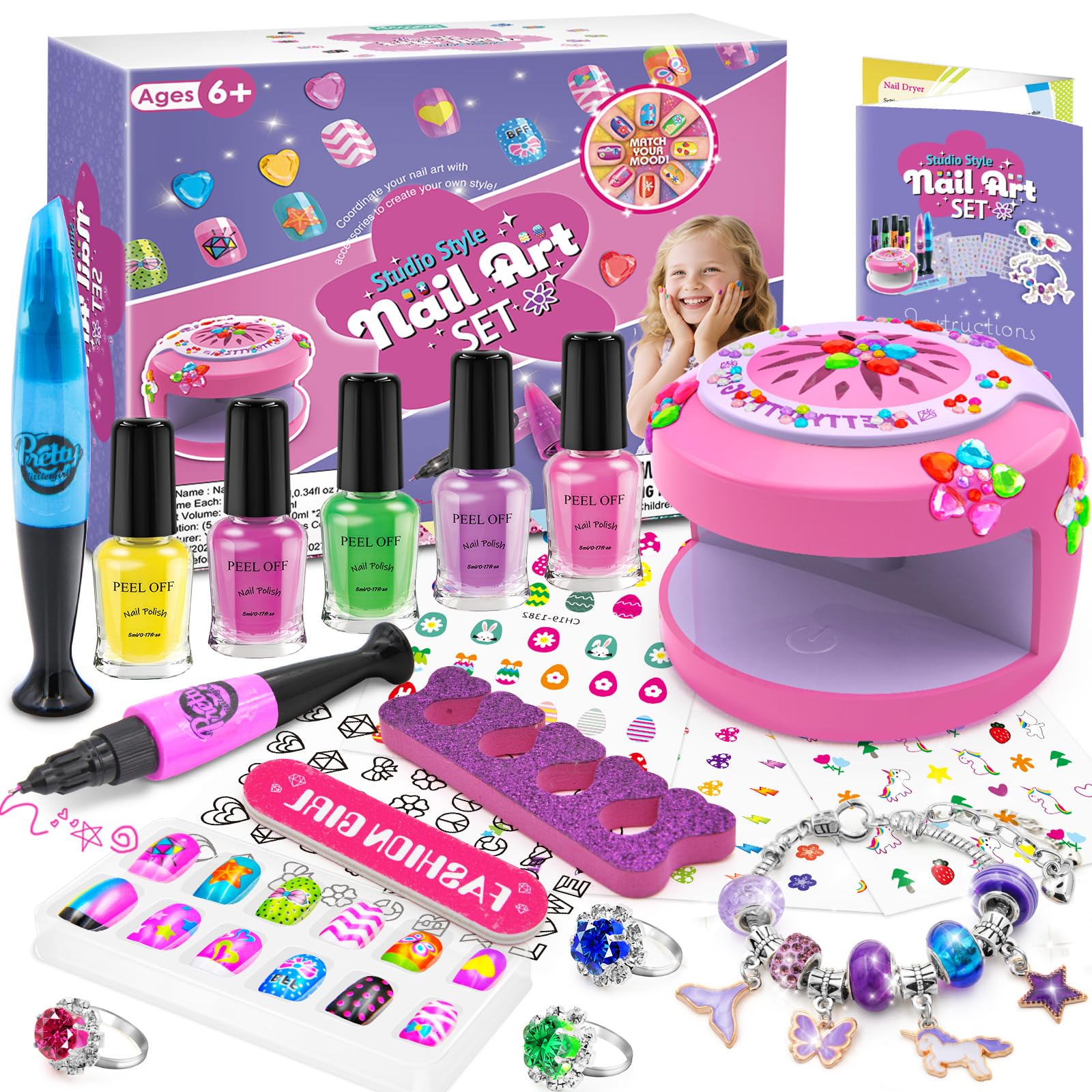 BATTOP Kids Nail Polish Set for Girls – Water-Based, Non-Toxic Nail Art Kit with Dryer, Fake Nails, Stickers & Pen | Gift for Ages 6–12