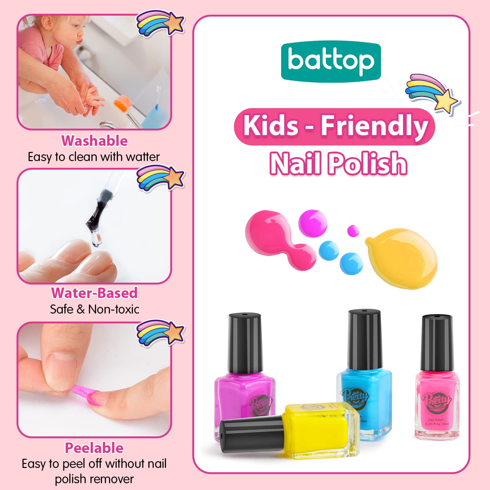 BATTOP Kids Nail Polish Set — Nail Art Kit with Dryer, Glitter Pen, Non-Toxic Polish
