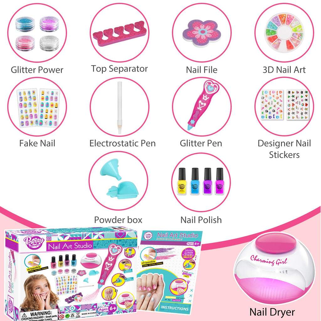 BATTOP Kids Nail Polish Set — Nail Art Kit with Dryer, Glitter Pen, Non-Toxic Polish