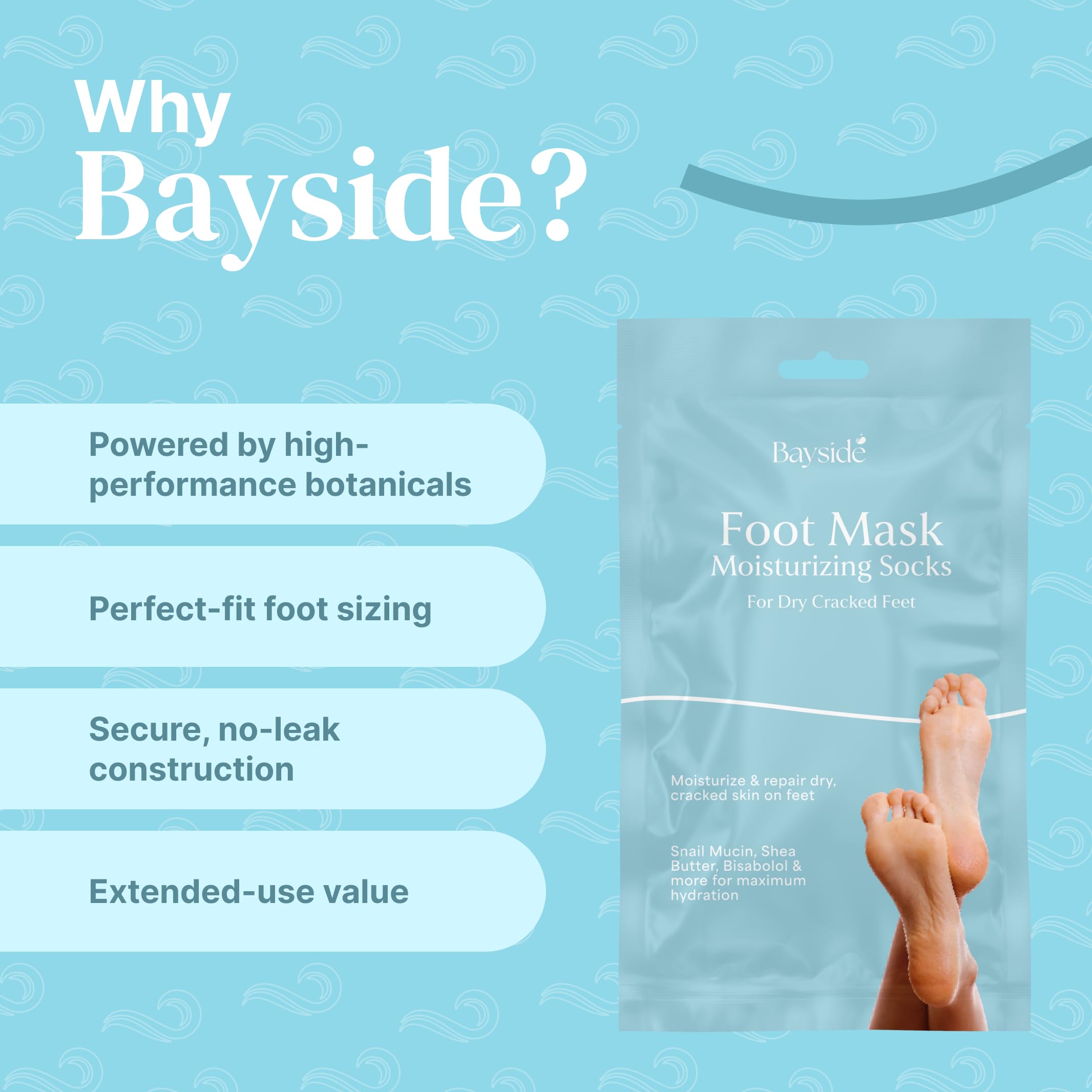 Foot Mask Moisturizing Socks for Dry Cracked Feet | Bayside Hydrates with Snail Mucin, Shea Butter & Hyaluronic Acid