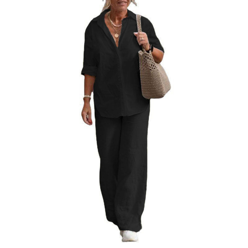 Lapel-collar Long-sleeve Shirt Casual Solid-color Pants Wide-leg Set
