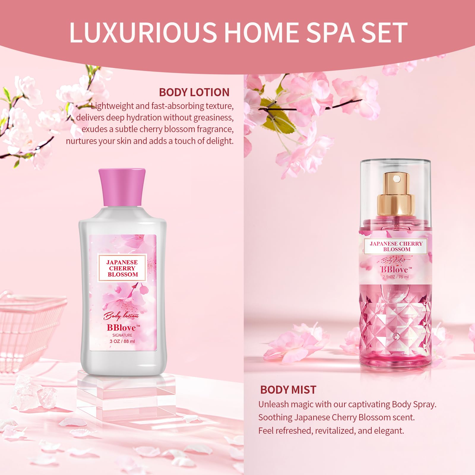 BBlove Japanese Cherry Blossom Gift Set – 2-Piece Travel Skincare Duo (3oz Lotion + 2.5oz Mist)