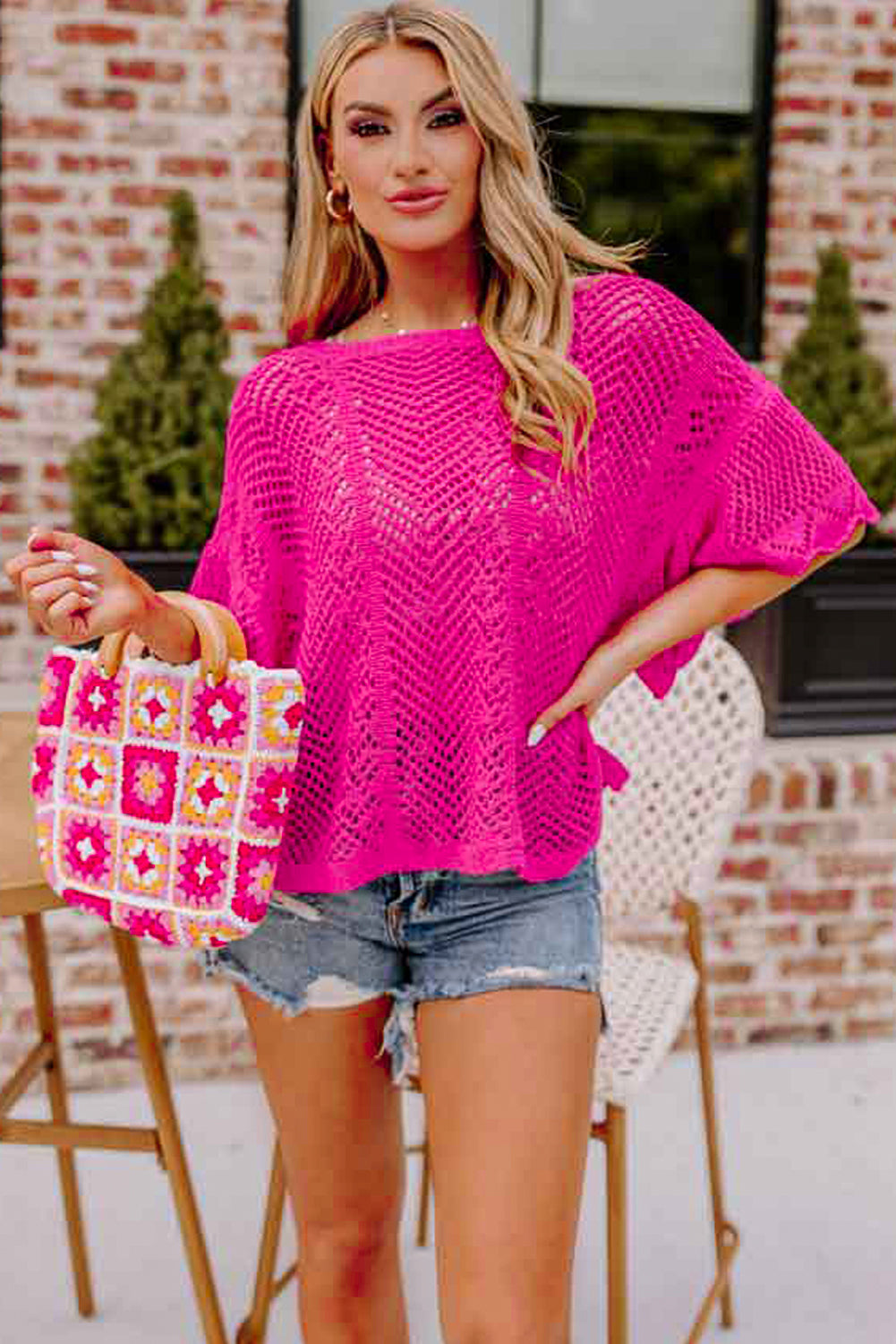Pink Pointelle Knit Top Women UK | Scalloped Short Sleeve