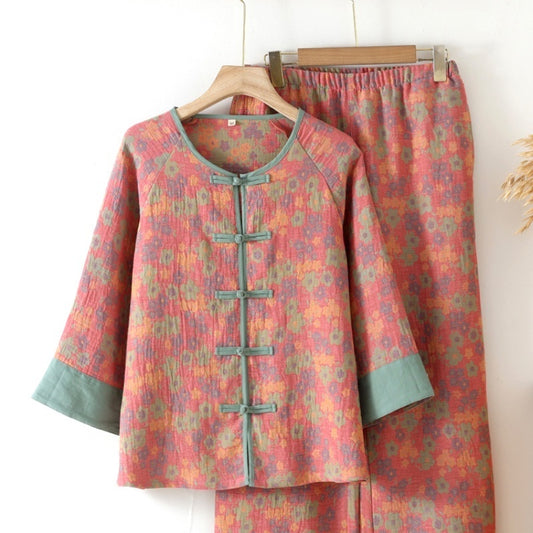 New Chinese Style Double Pure Cotton Gauze Pajamas For Women Spring Autumn Set