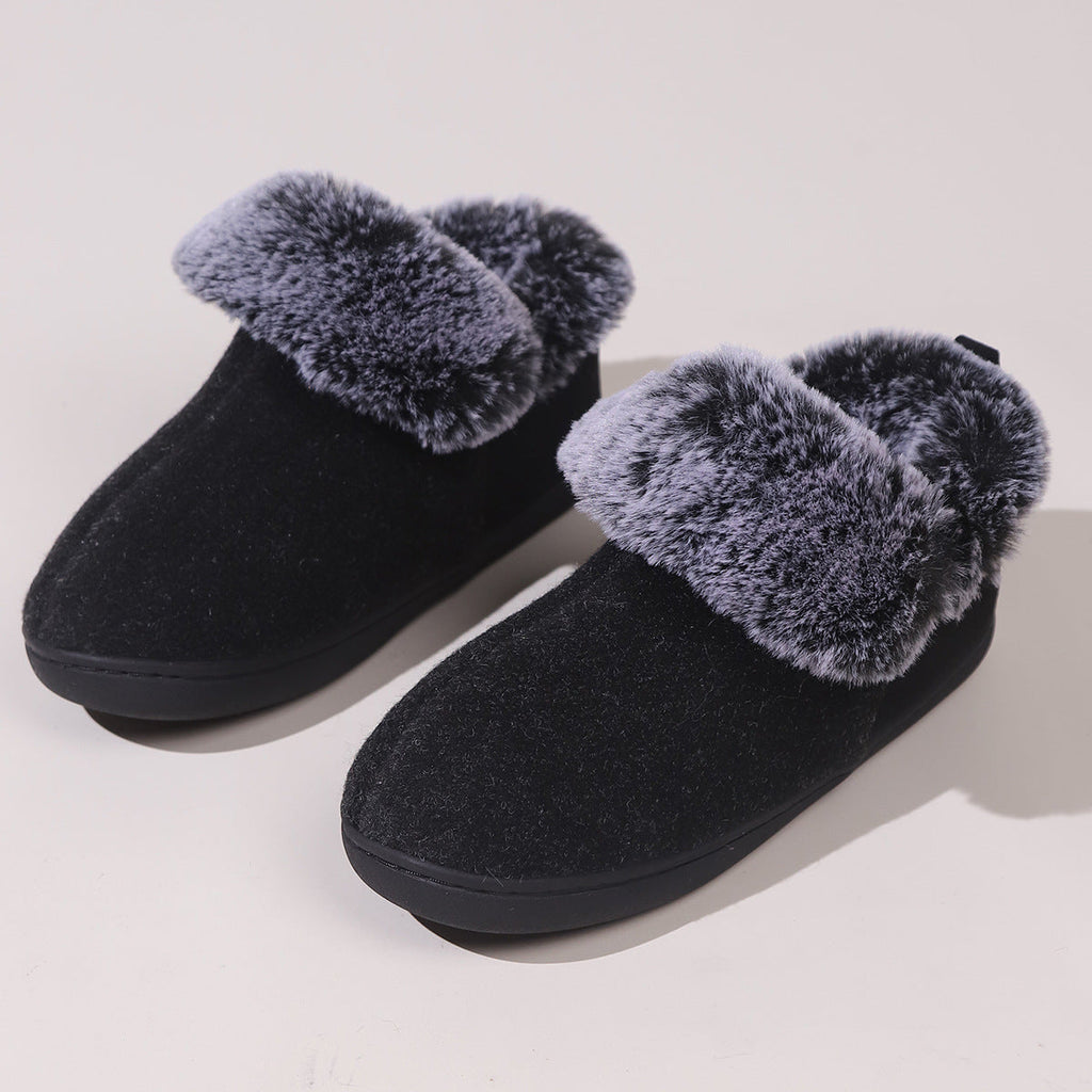 Neutral Felt Fur Collar Heel Cotton Shoes Wine Red Winter Indoor Shoes Comfortable Memory Foam