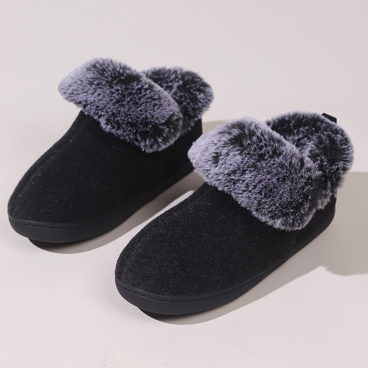 Neutral Felt Fur Collar Heel Cotton Shoes Wine Red Winter Indoor Shoes Comfortable Memory Foam