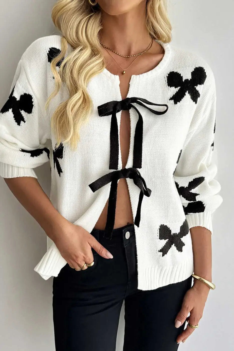White Lace Bow Knit Cardigan Women UK