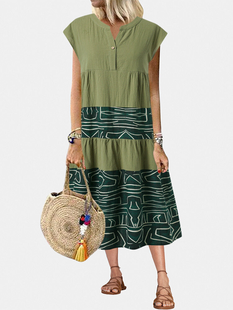 Ladies Printed Patchwork Sleeveless V-Neck Loose Retro Dress